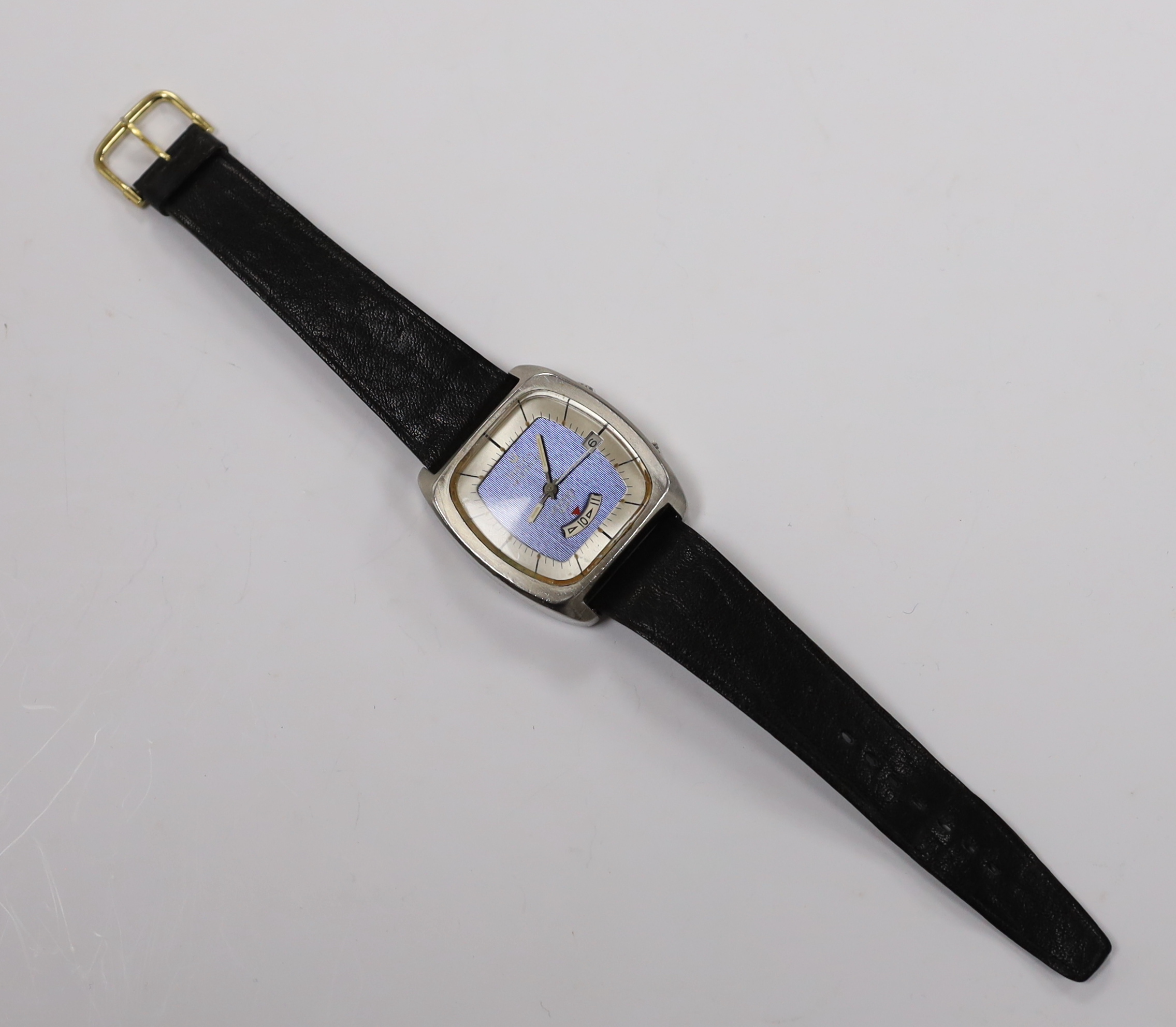 A gentleman's stainless steel Bulova Astronaut Mark II wrist watch, on a leather strap, case diameter 36mm.